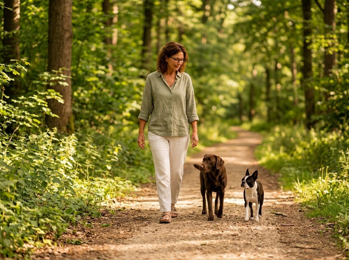 Barbara Junker geht mit ihrem Labrador und Boston Terrier auf einem Waldweg spazieren